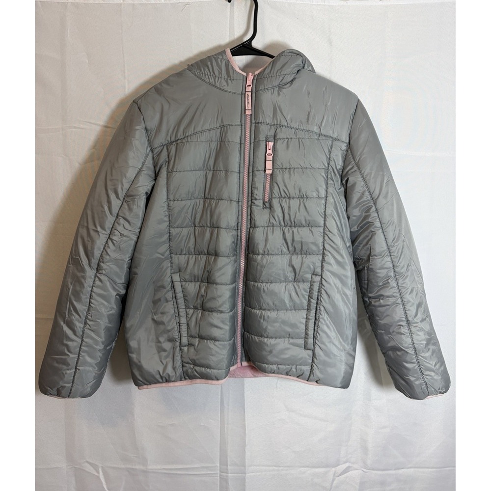 Eddie Bauer Reversible Puffer Jacket Girls M Gray Pink Faux Fur Hooded Full Zip